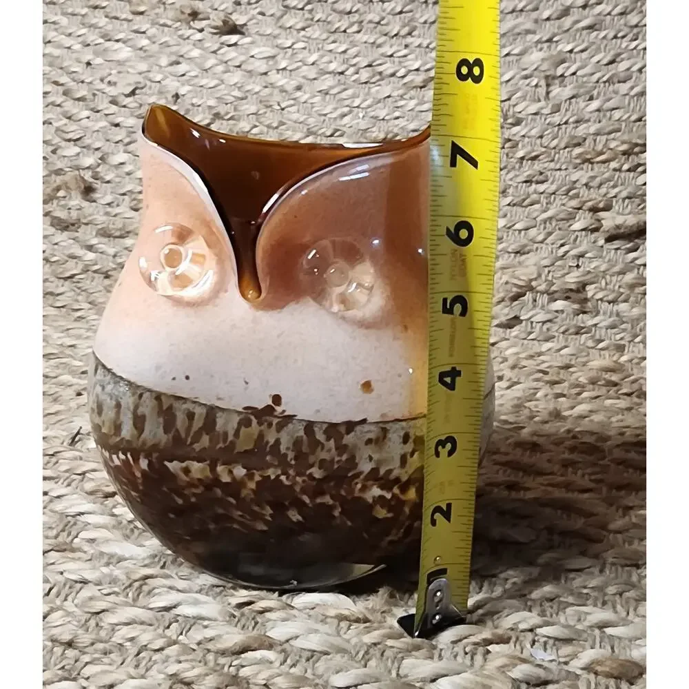Vintage Hand Blown Studio Art Murano Glass Owl Vase Brown Cream 7